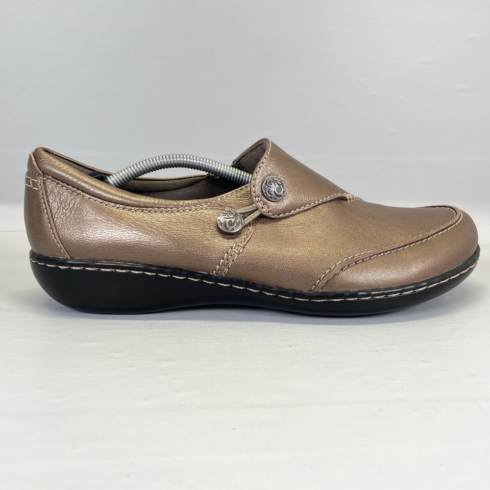 Clarks Ashland Lane Q Shoes Womens Size 9.5 Wide Pewter Leather Casual Loafers